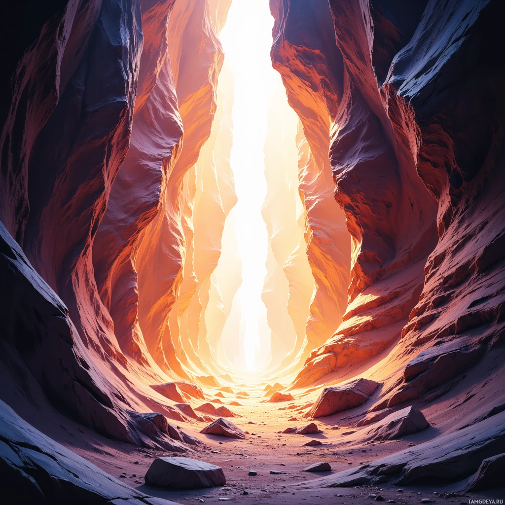 A narrow canyon with red rock walls and sunlight streaming through the opening at the top.