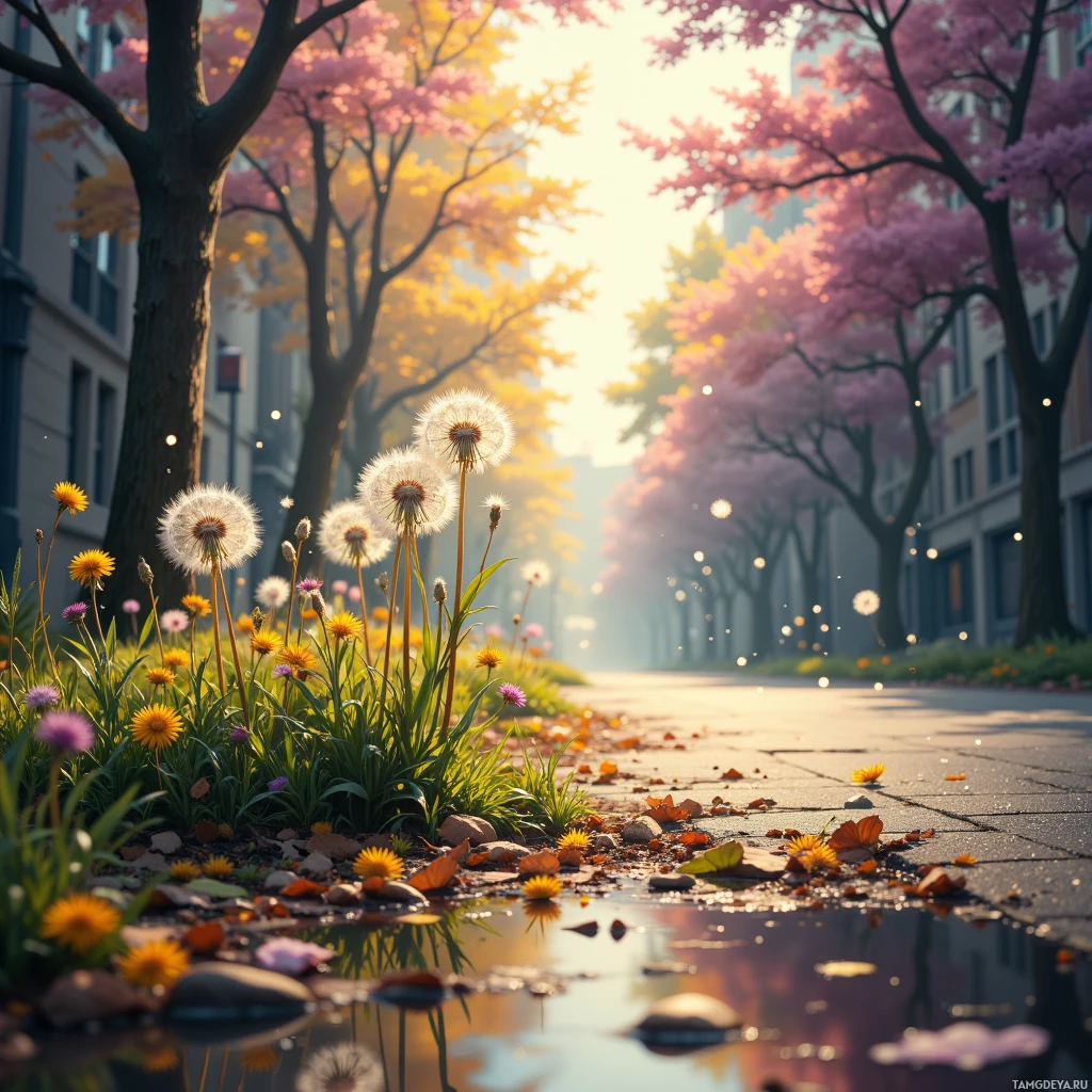 A serene urban park scene with blooming cherry blossoms, dandelions, and a reflective puddle on a paved path.