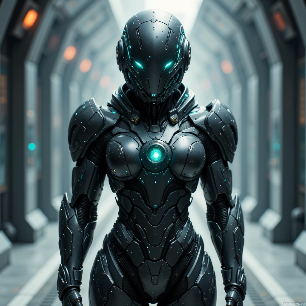 A futuristic armored figure stands in a sleek, metallic corridor.