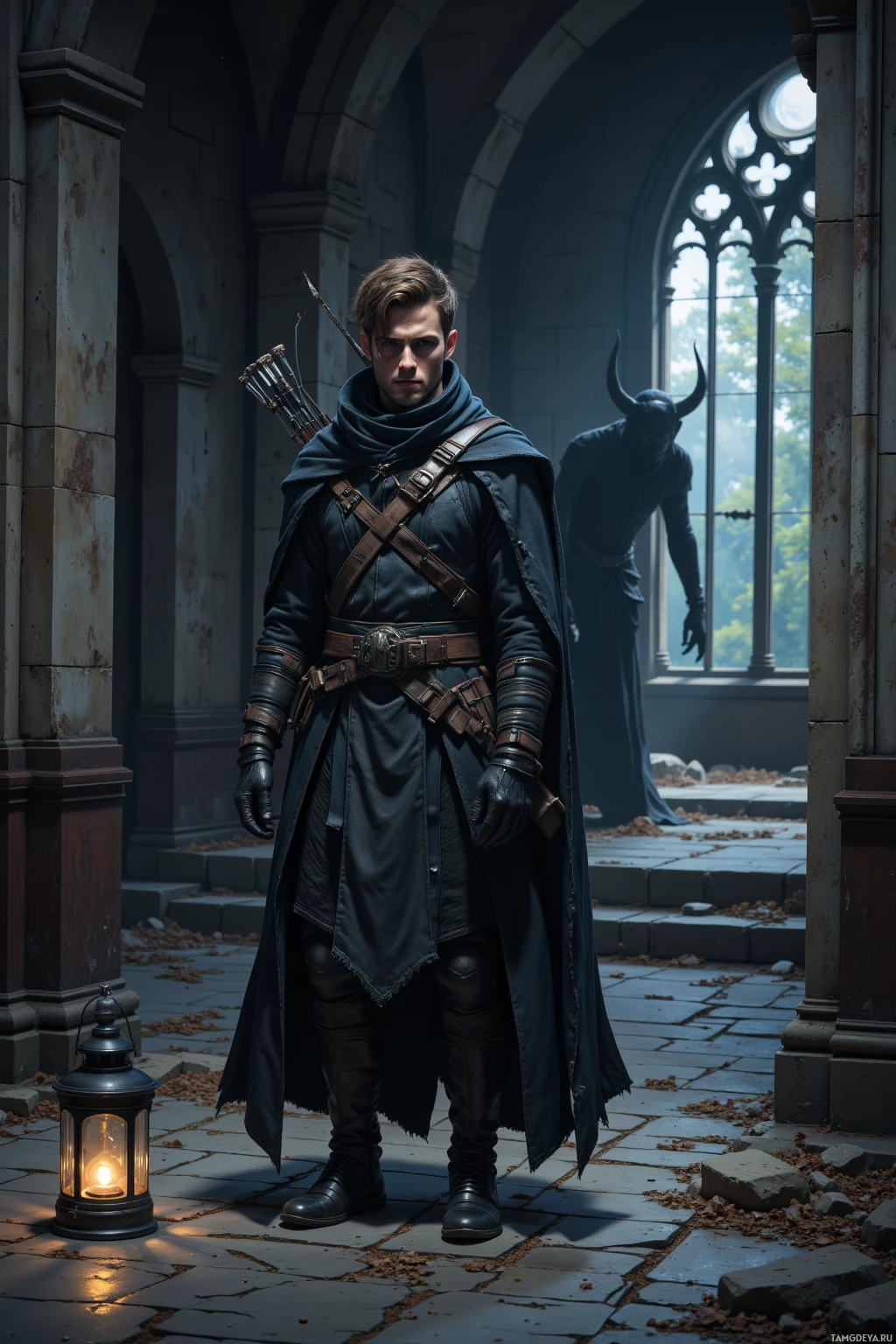 A person in dark, medieval-style attire stands in a dimly lit, gothic-style corridor with a lantern on the ground.