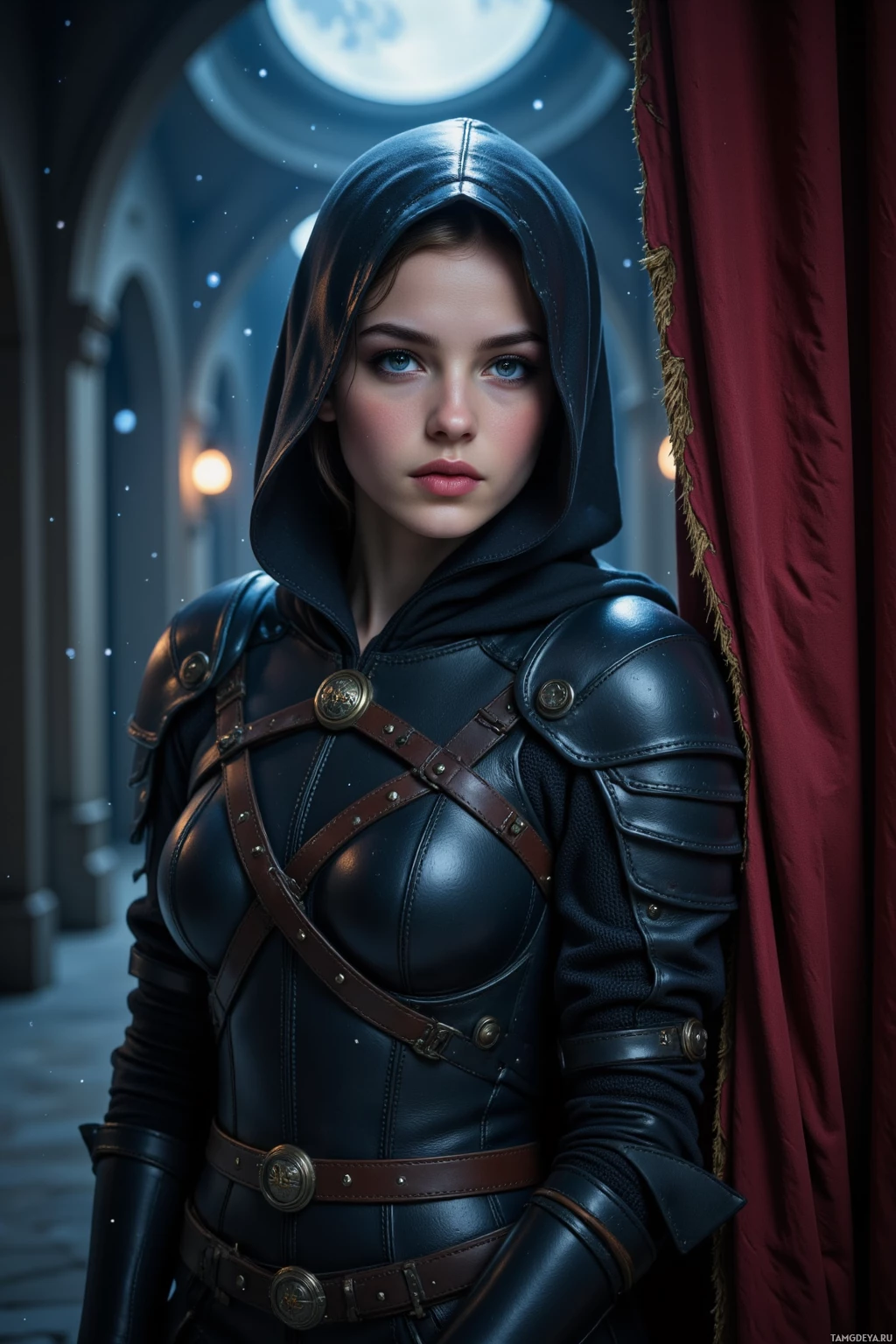 A woman in a dark, hooded leather outfit stands in a dimly lit, archway-lit corridor.