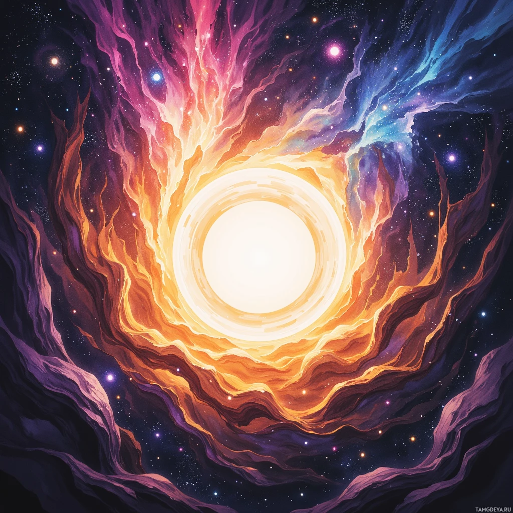 A vibrant cosmic scene featuring a glowing, swirling portal surrounded by stars and nebulae.