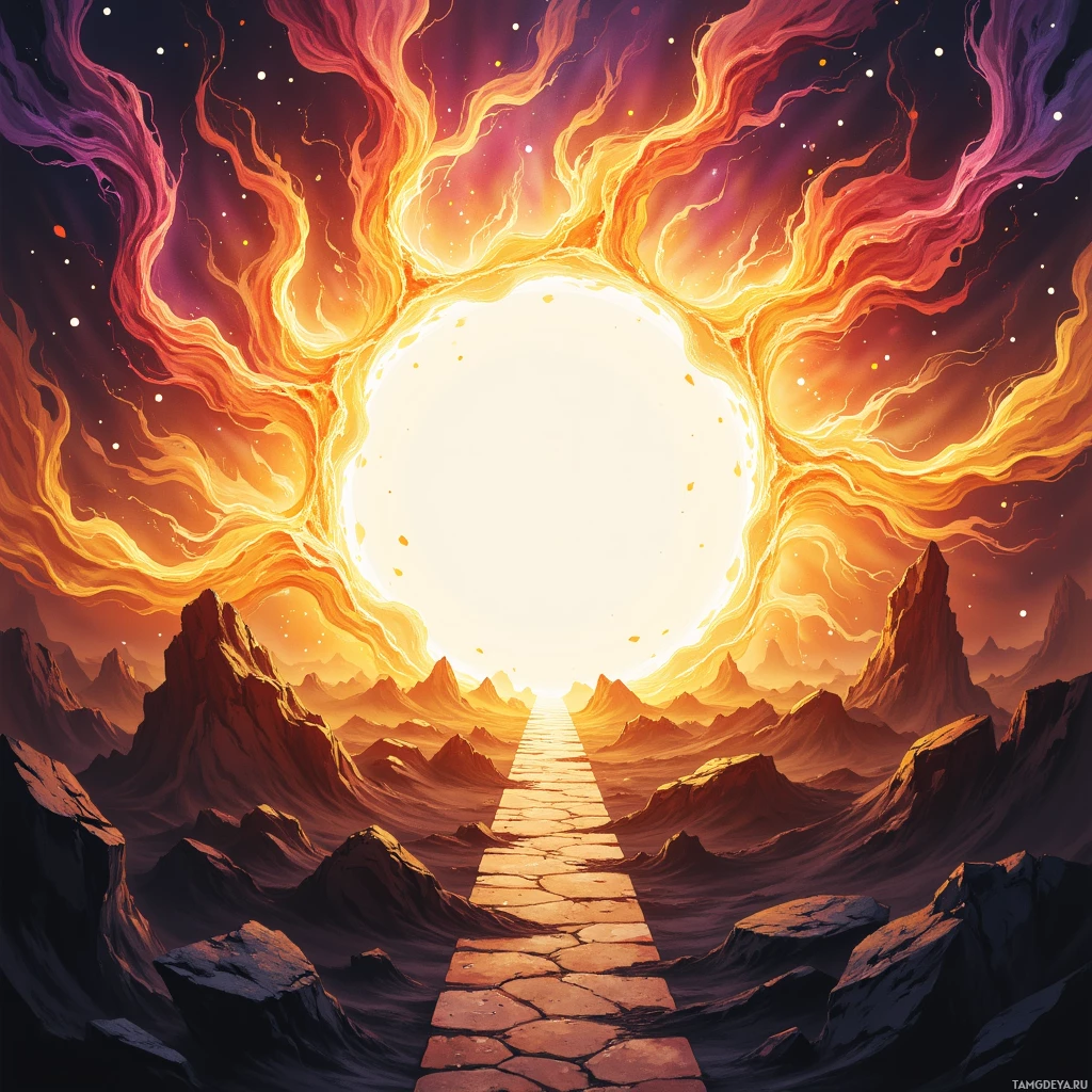 A fiery, ethereal landscape with a glowing path leading towards a radiant light.