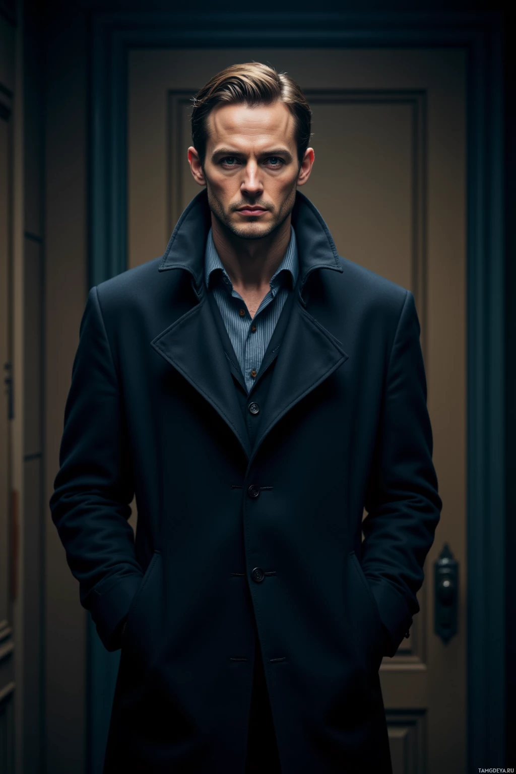 A man in a dark coat stands in a dimly lit hallway.