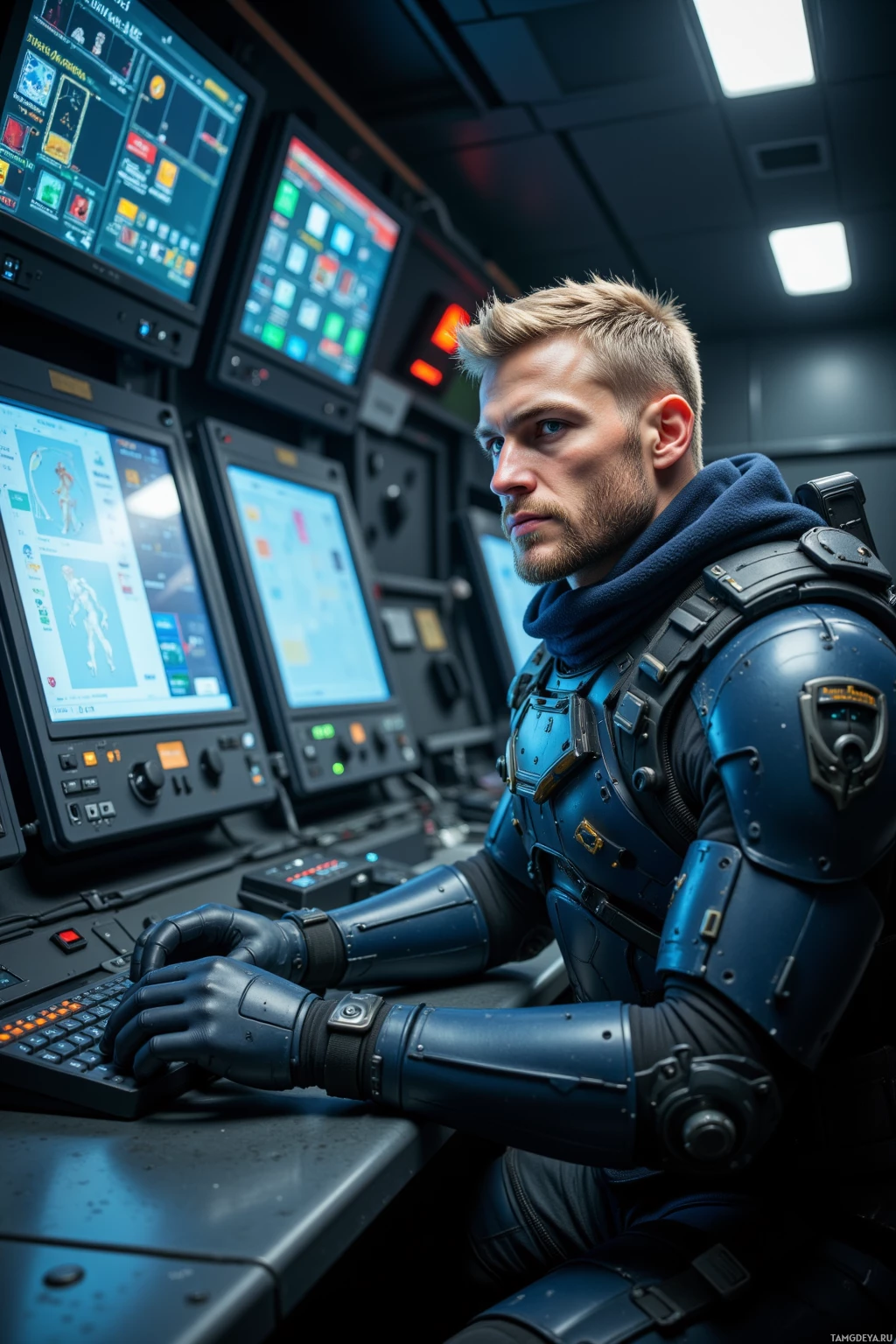A person in futuristic armor operates a control panel with multiple screens in a high-tech environment.