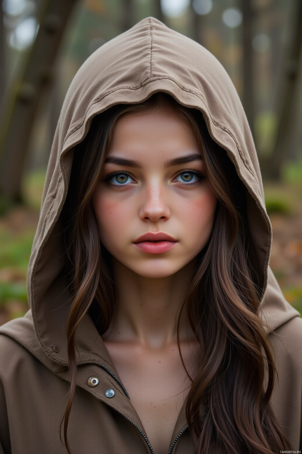 A person wearing a hooded jacket with long, wavy hair.