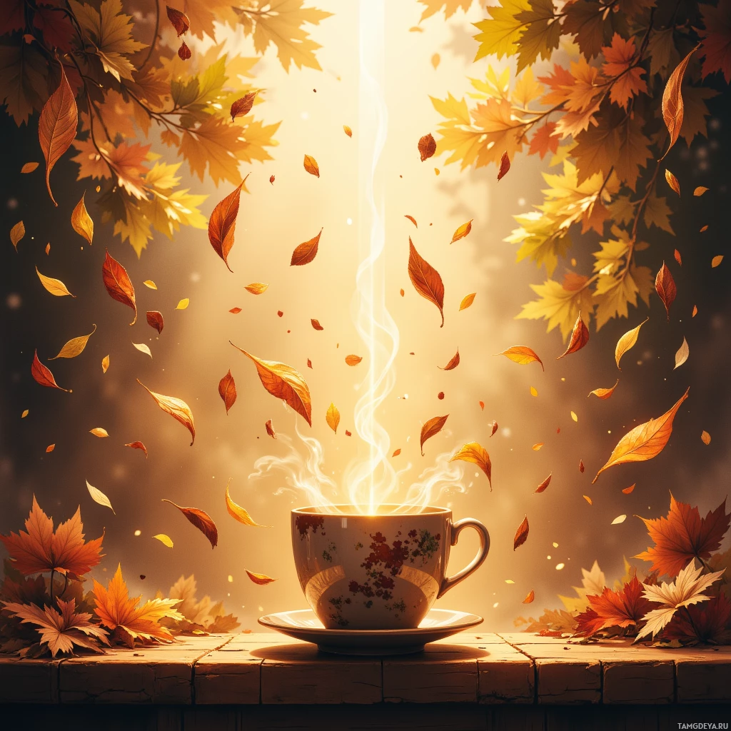 A cozy autumn scene featuring a steaming cup of tea surrounded by falling leaves and warm sunlight.