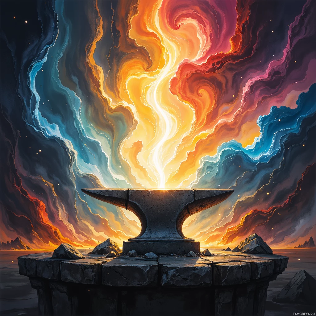 A glowing anvil sits atop a stone platform, surrounded by swirling cosmic clouds and a starry sky.