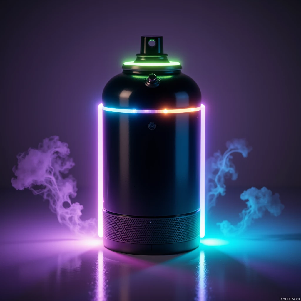A cylindrical device with neon lights and smoke effects.