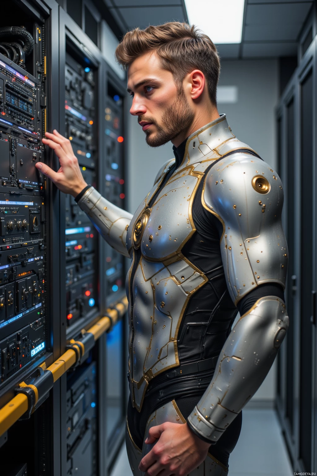 A person in a futuristic, armored suit is interacting with a server rack in a data center.