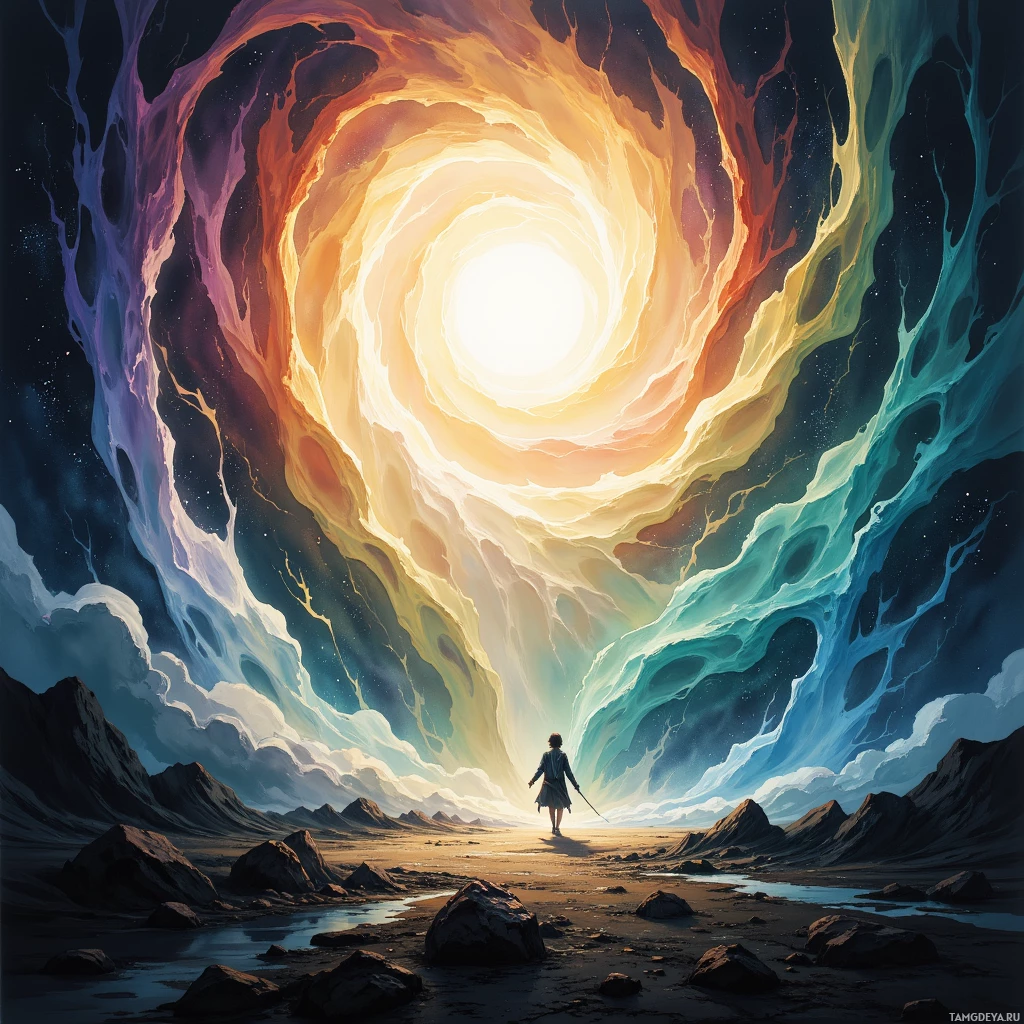 A lone figure stands before a swirling portal in a barren landscape under a starry sky.