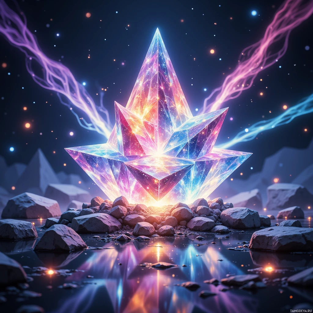 A glowing, multi-colored crystal pyramid with light beams and stars in a night sky.
