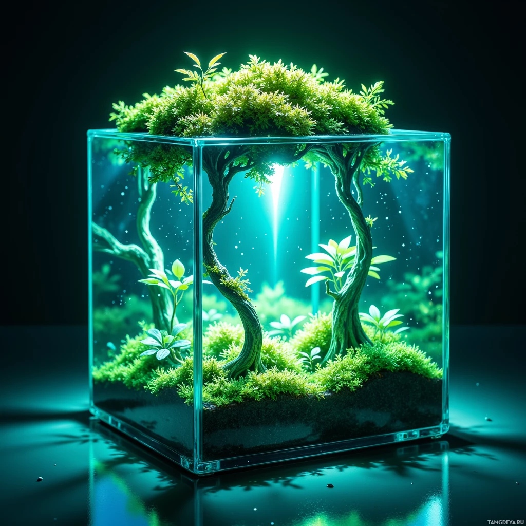 A glass cube terrarium with a miniature tree and lush greenery inside.