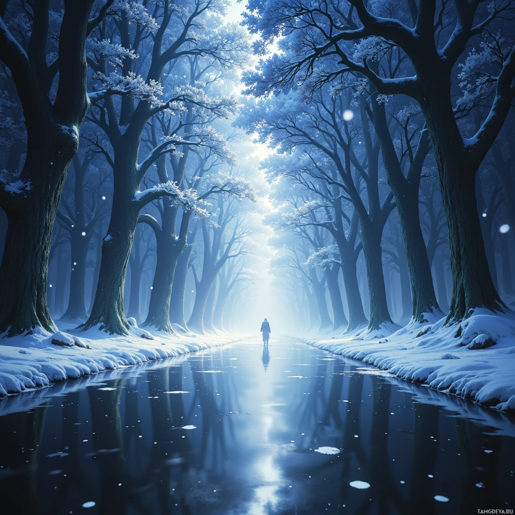 A serene winter scene with a person walking down a snow-covered path lined by tall, snow-laden trees.