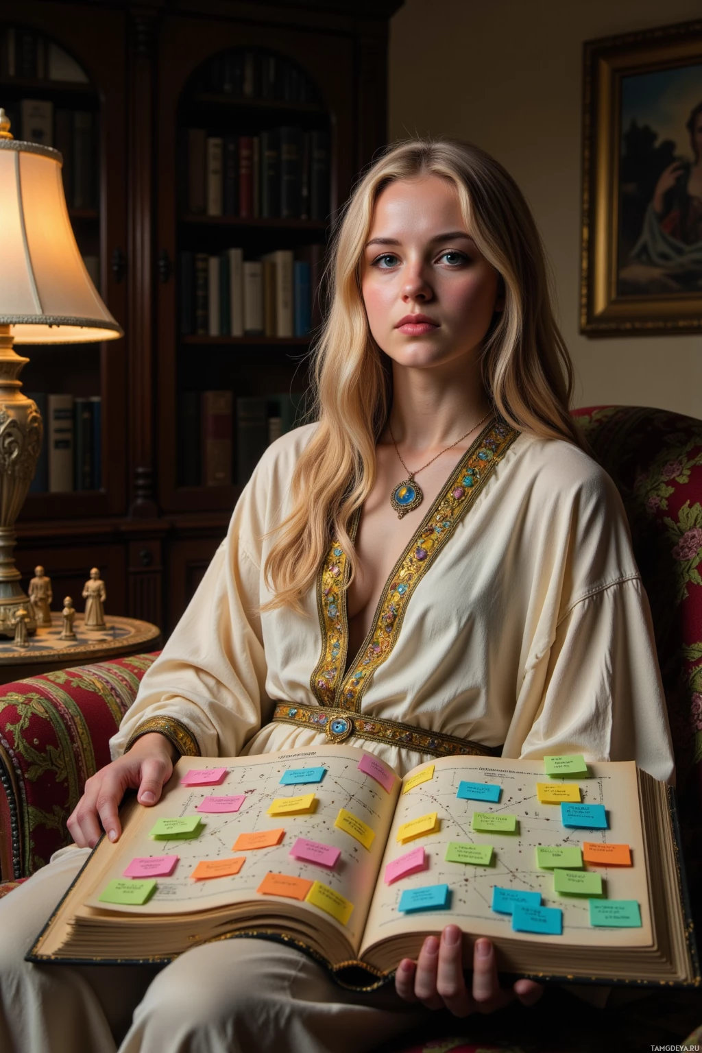 A woman sits in a library, holding an open book with colorful sticky notes attached.