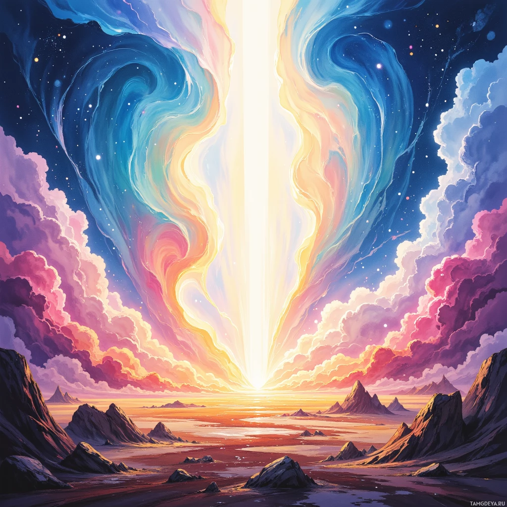 A vibrant, ethereal landscape featuring swirling clouds, a radiant light source, and rugged mountain peaks.