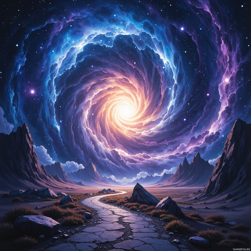 A surreal landscape featuring a swirling cosmic vortex above rugged mountains and a cracked path.