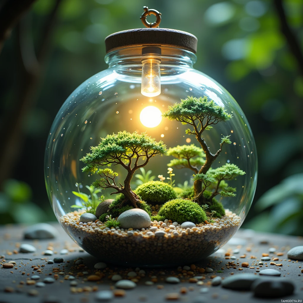 A glass terrarium with a miniature tree, moss, and pebbles inside, illuminated by a glowing light bulb.