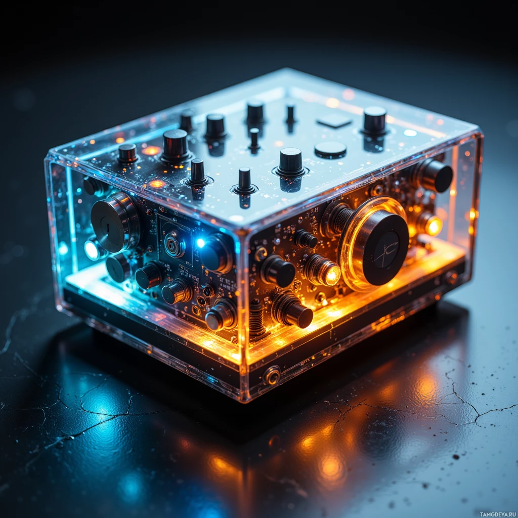 A transparent electronic device with illuminated controls and glowing lights.
