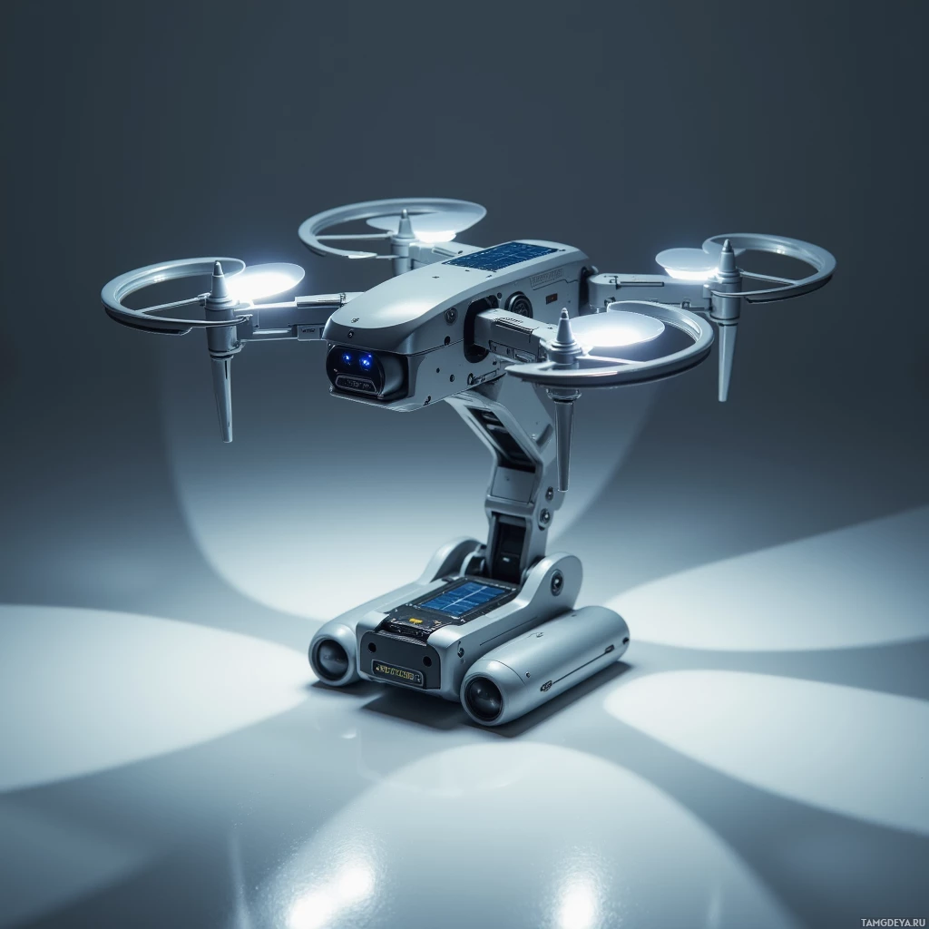 A futuristic drone with illuminated propellers and a sleek design is displayed against a dark background.