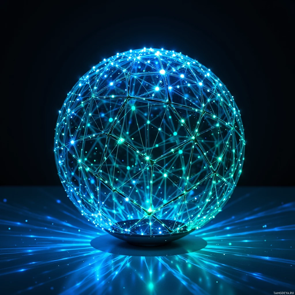 A glowing blue network sphere with radiating light beams against a dark background.