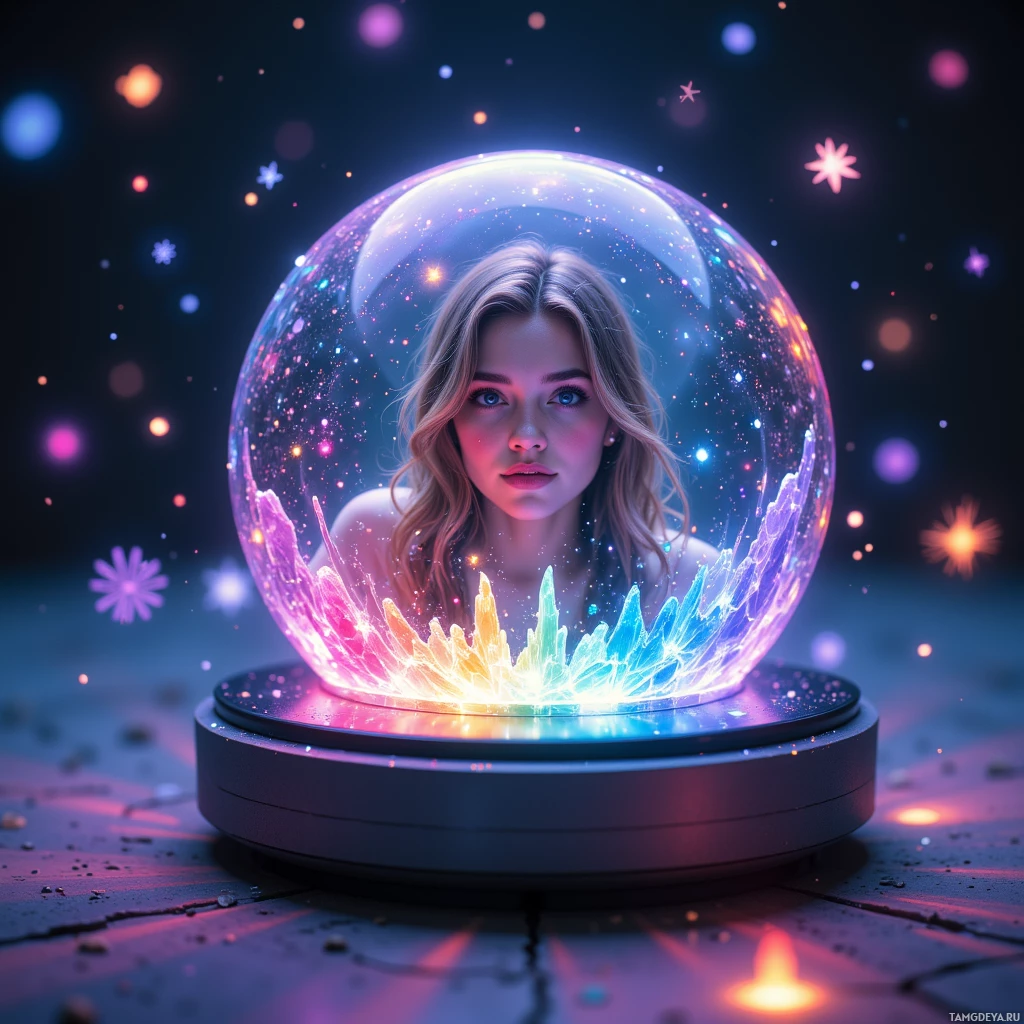 A glowing crystal ball with a person inside, surrounded by colorful sparkles and a dark background.