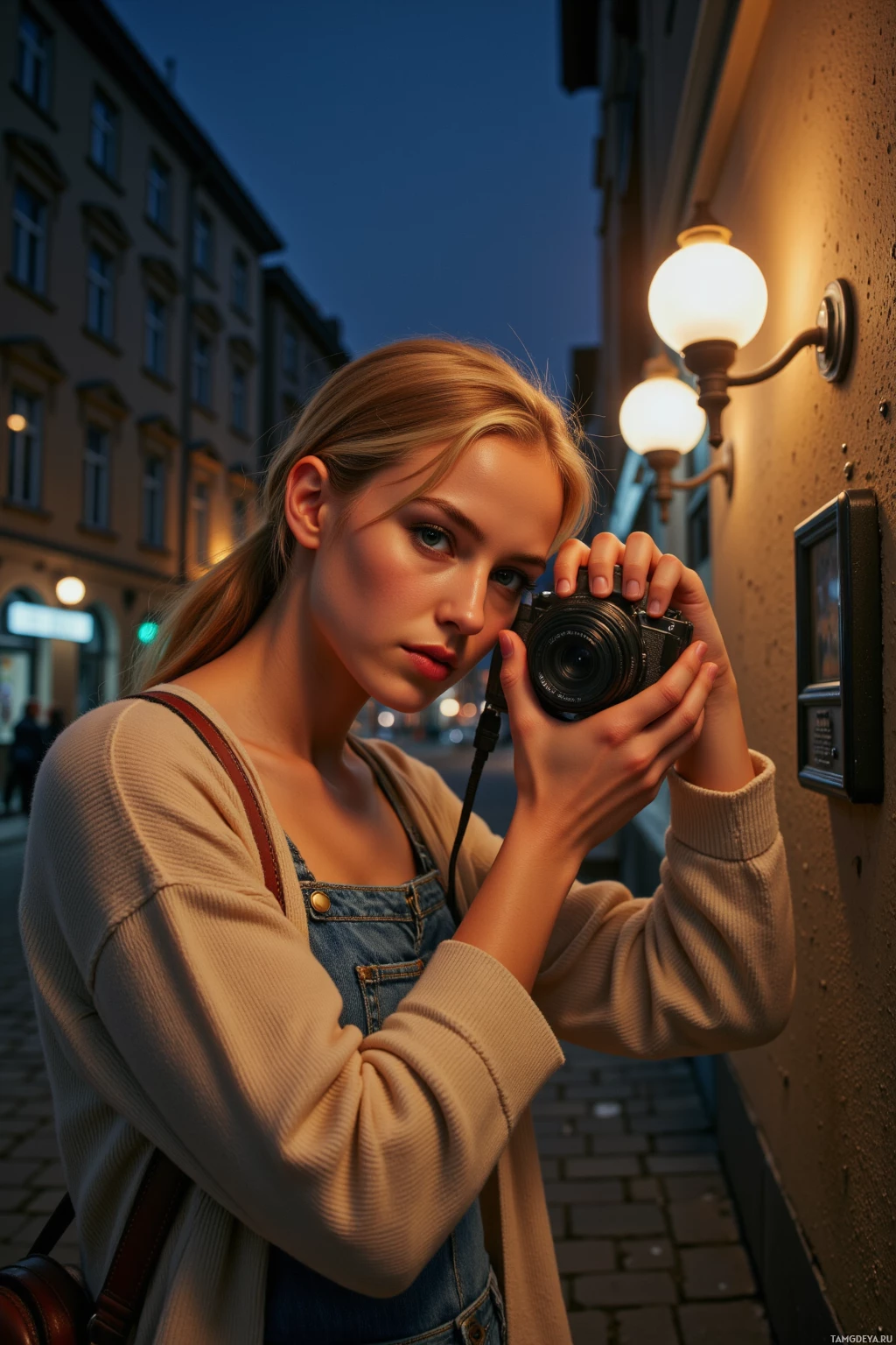 A young woman holding a camera stands on a street at dusk.
