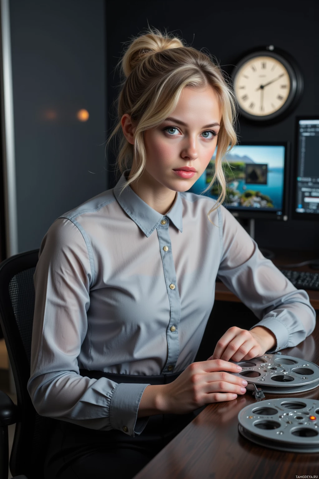 A woman in a light gray shirt sits at a desk with film reels and a computer monitor in the background.