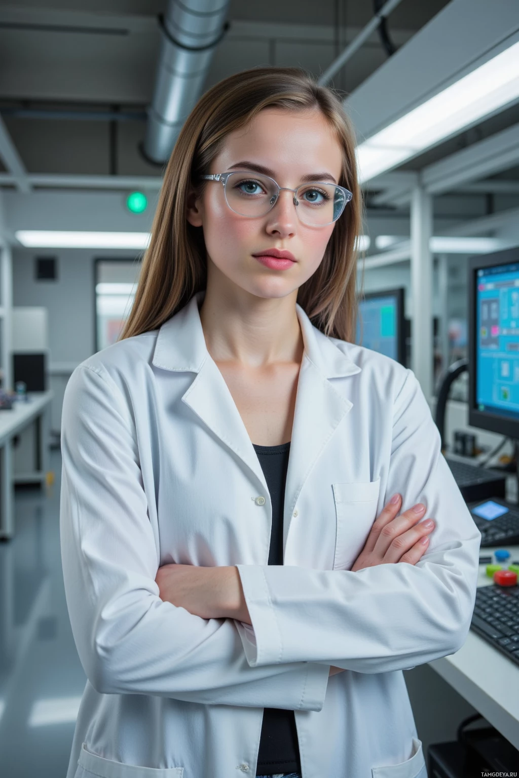 A person in a lab coat stands with arms crossed in a laboratory setting.