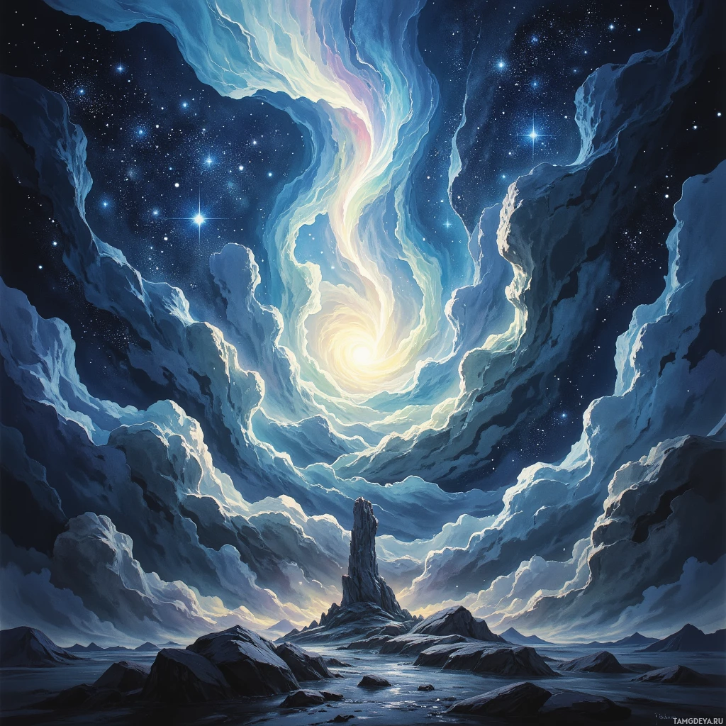 A fantastical night scene with a swirling galaxy in the sky and rocky terrain below.