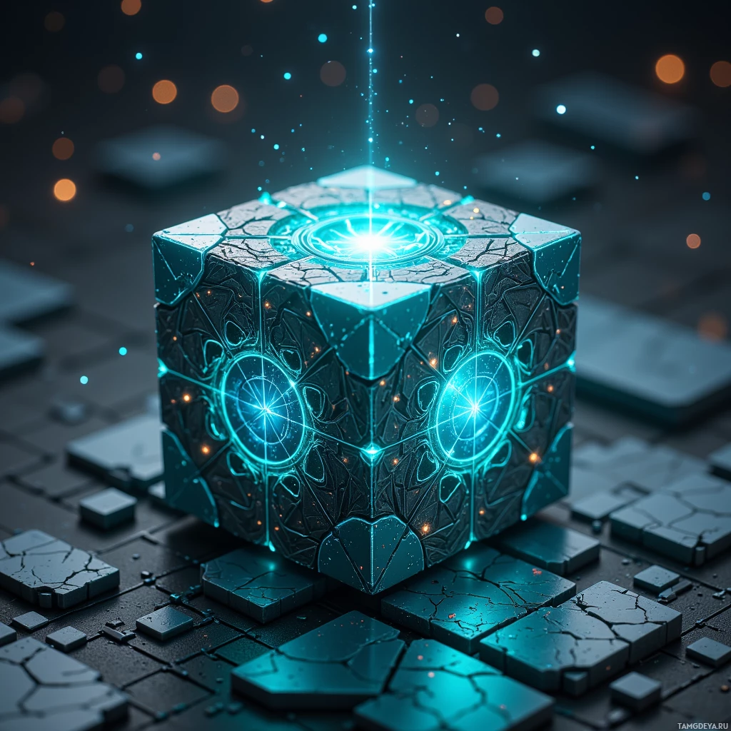 A glowing, futuristic cube with intricate designs and a central light source.