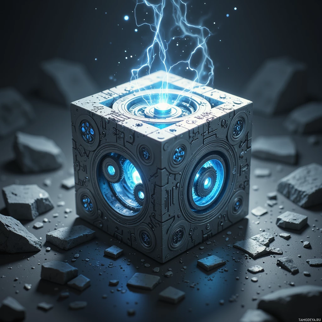 A metallic cube with glowing blue lights and mechanical details stands amidst scattered debris.