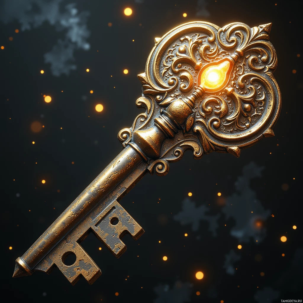 A golden ornate key with a glowing gem at the top against a dark background with glowing particles.