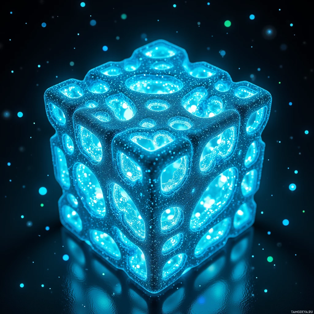 A glowing, translucent blue cube with intricate, glowing internal structures against a dark background.