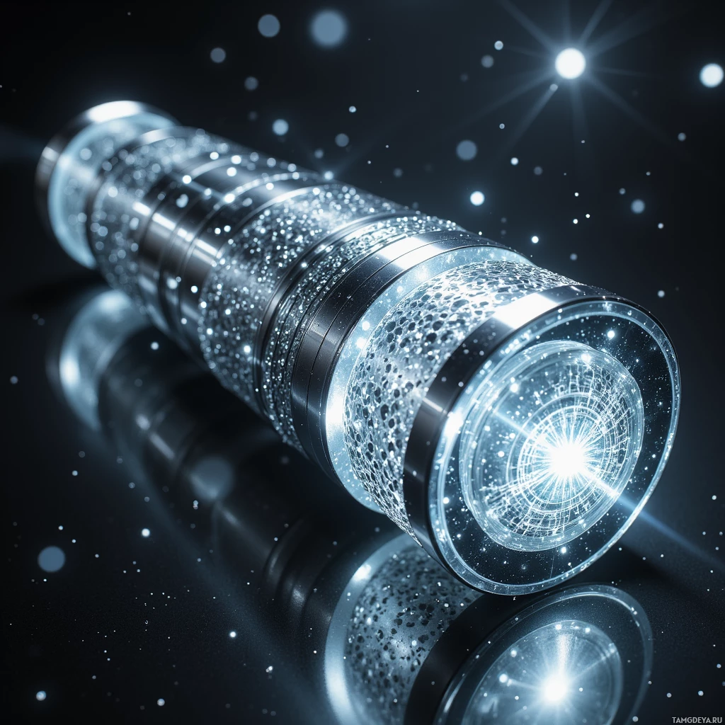 A futuristic, metallic cylindrical object with glowing elements and a starry background.