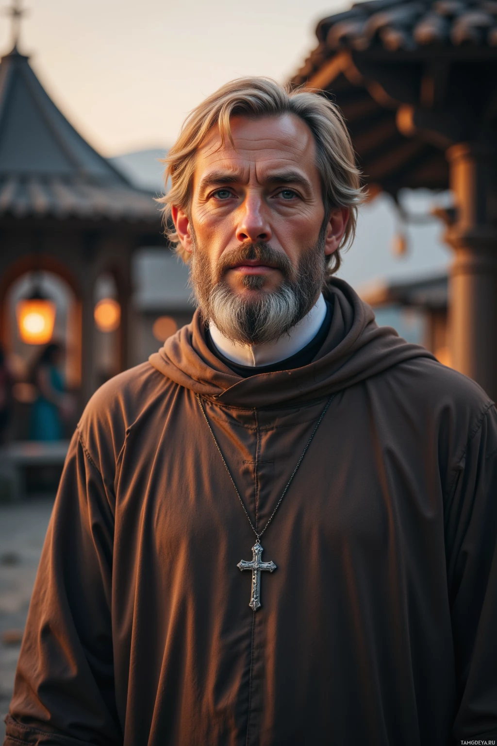 A man in a brown robe with a cross necklace stands in front of a building with a lantern.