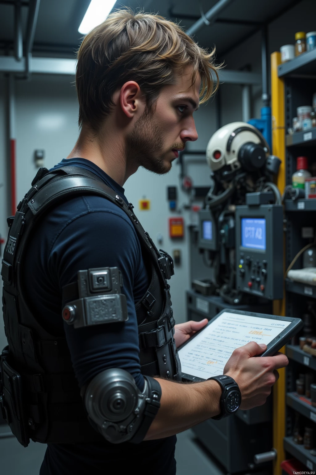 A person in tactical gear is holding a tablet in a room with industrial equipment.