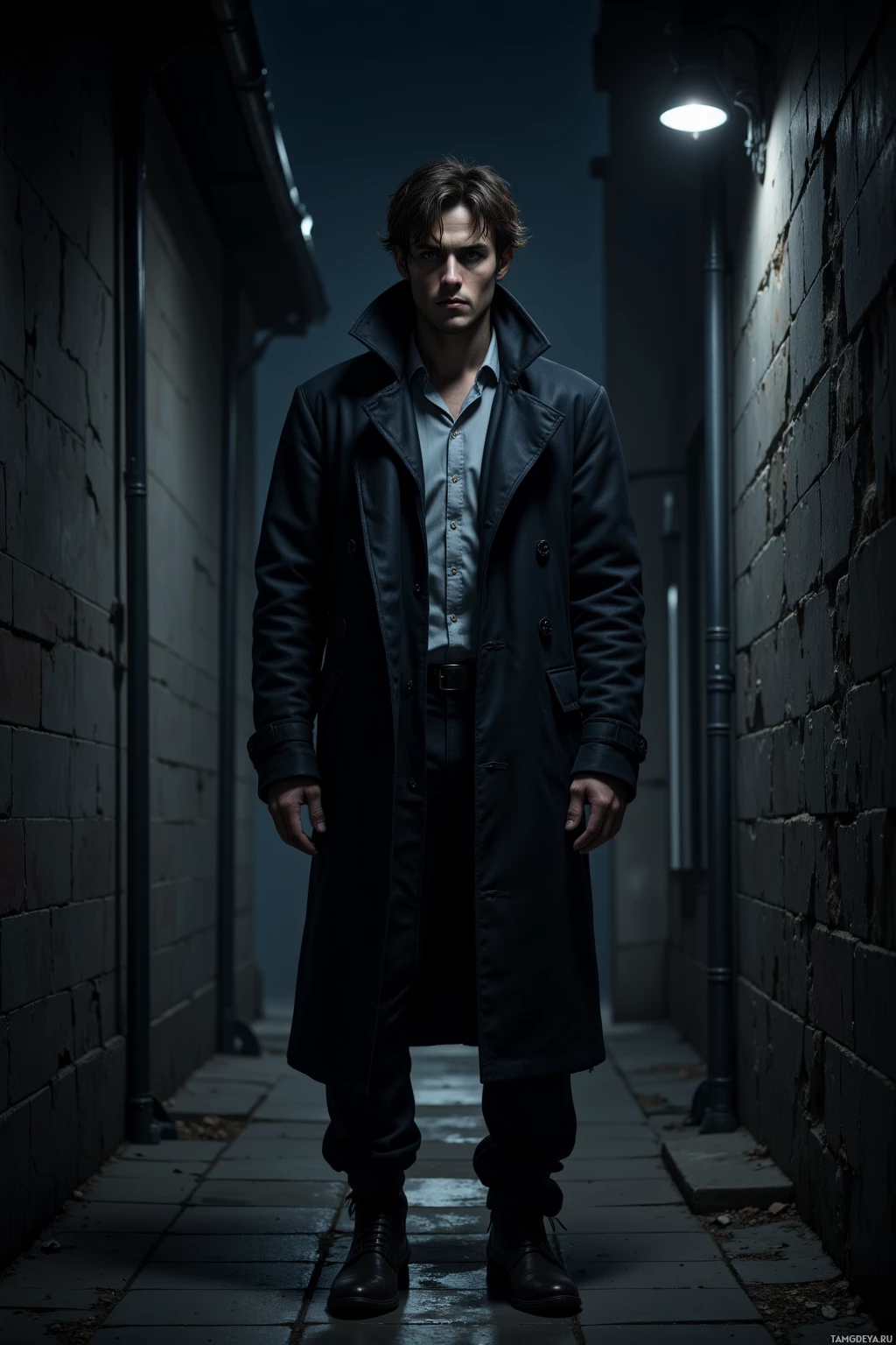A man stands in a dimly lit alleyway, wearing a long coat and a collared shirt.