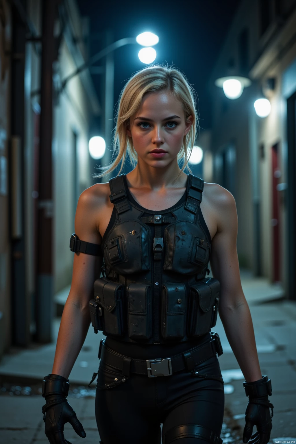 A person in tactical gear stands in a dimly lit alleyway.