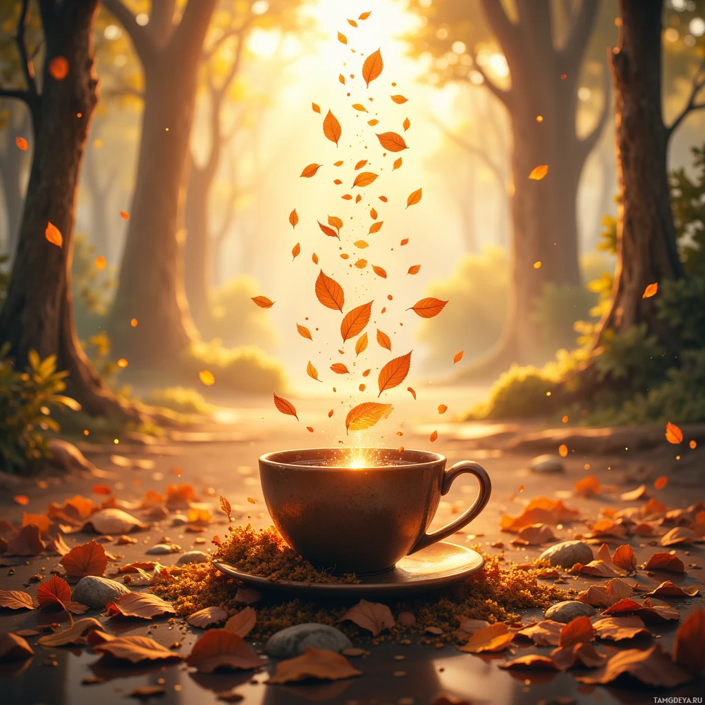 A cup of tea sits on a forest floor amidst falling autumn leaves, bathed in golden sunlight.