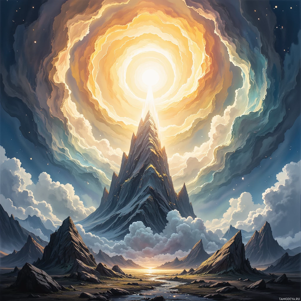 A majestic mountain peak rises against a swirling, radiant sky.