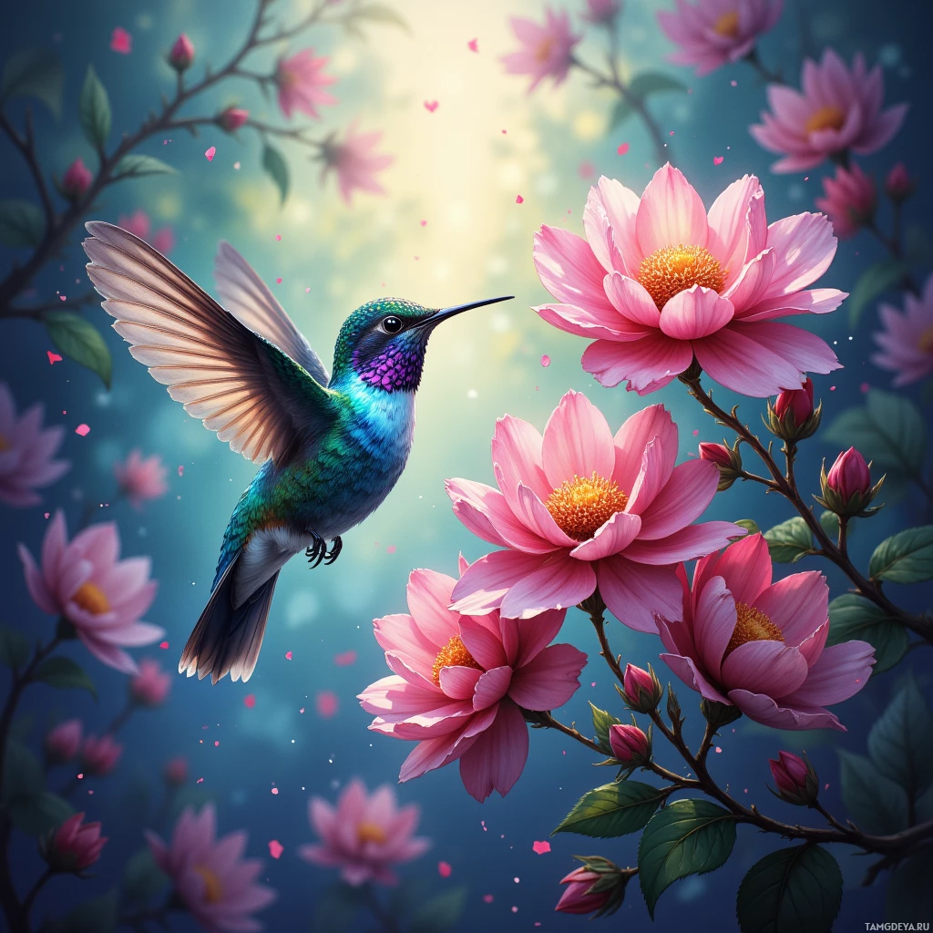 A vibrant hummingbird hovers near pink flowers against a soft, glowing background.