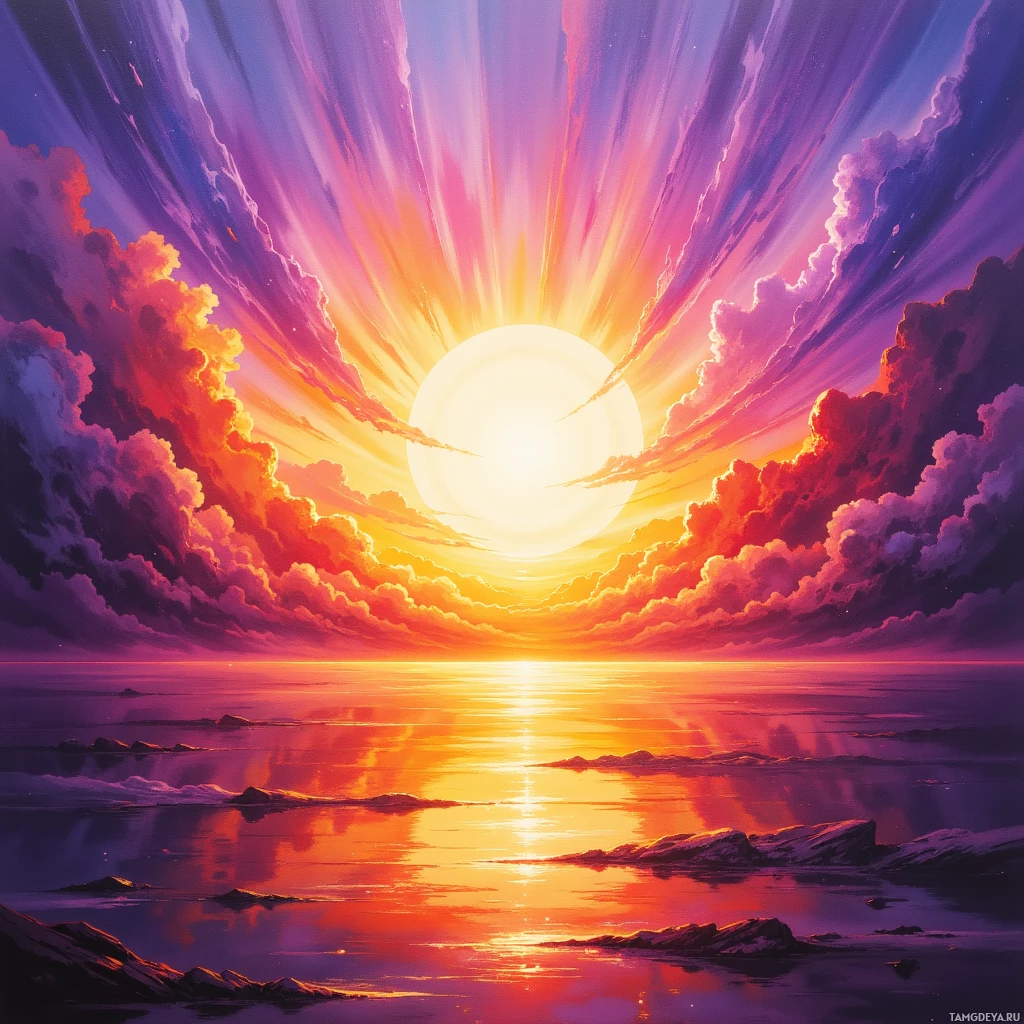 A vibrant sunset with radiant sunbeams and colorful clouds reflected on a calm sea.