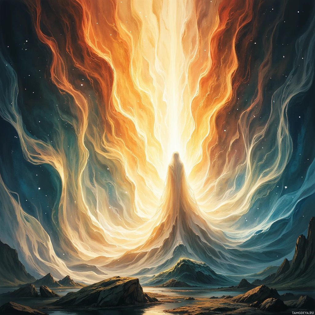 A radiant figure stands before a glowing, ethereal portal in a cosmic landscape.