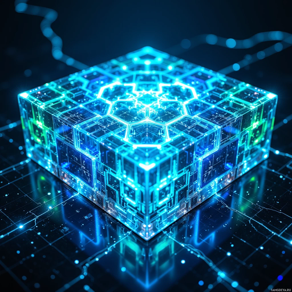 A glowing, futuristic cube with intricate patterns and blue lights against a dark background.