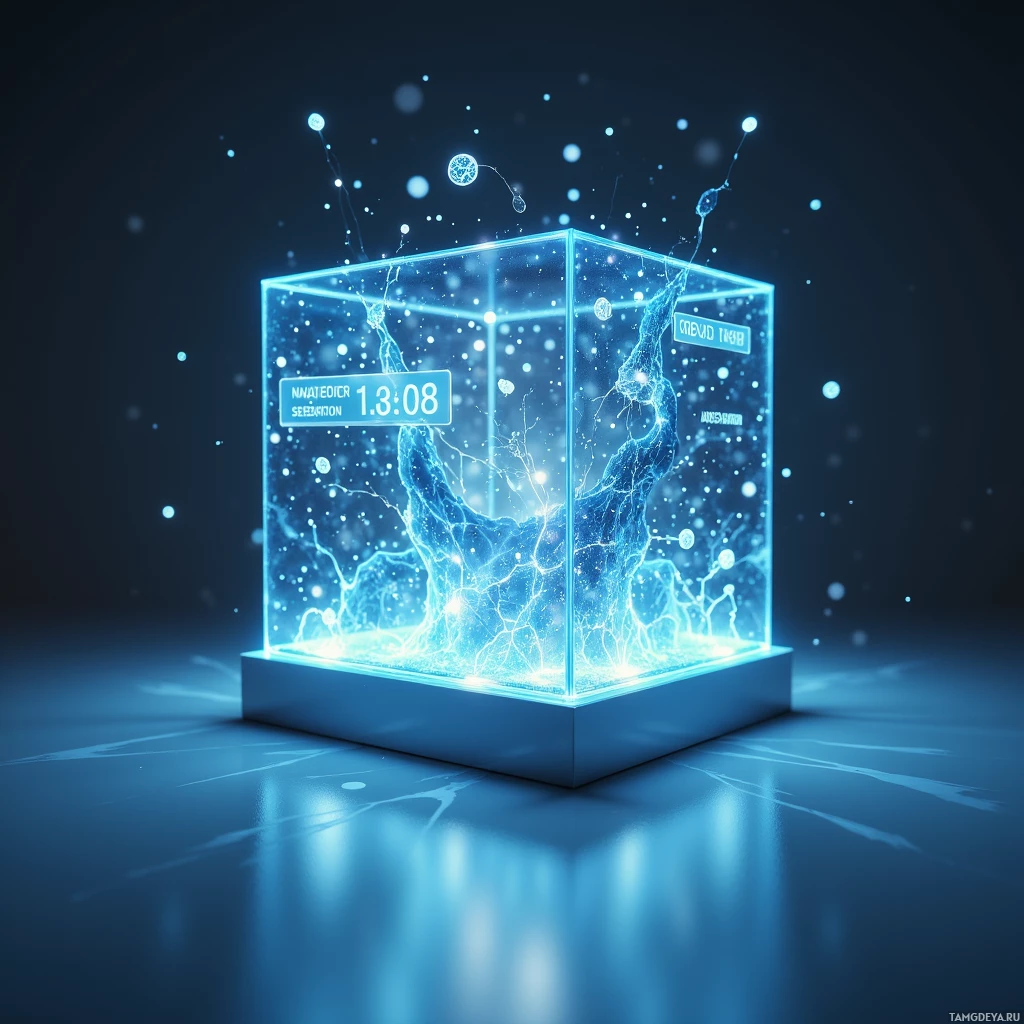 A glowing, transparent cube emits blue light and particles, with a digital display showing "13:08.
