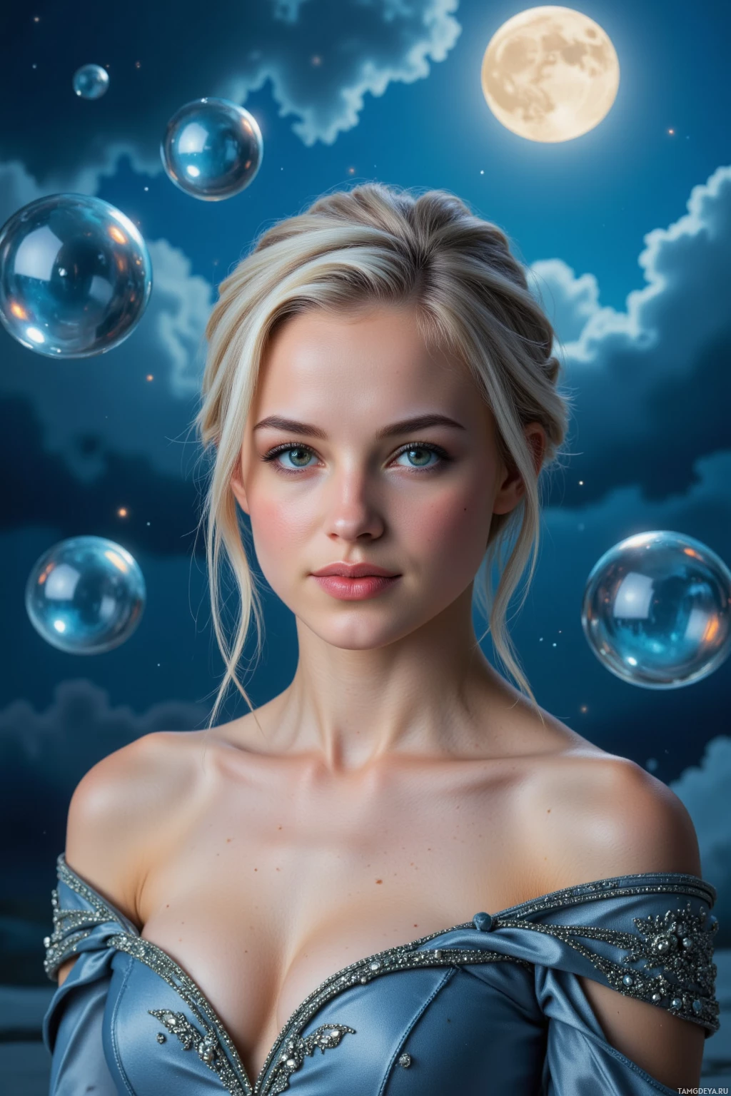 A woman with blonde hair and green eyes stands against a night sky with clouds and a full moon, wearing a blue dress with intricate details.