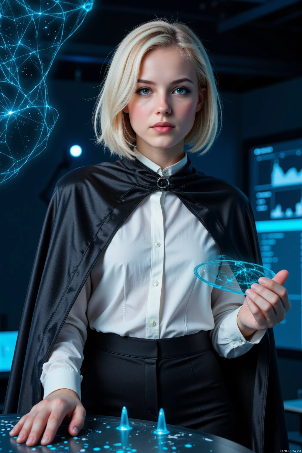 A person in a white shirt and black cape stands in a futuristic setting, holding a glowing circular device.