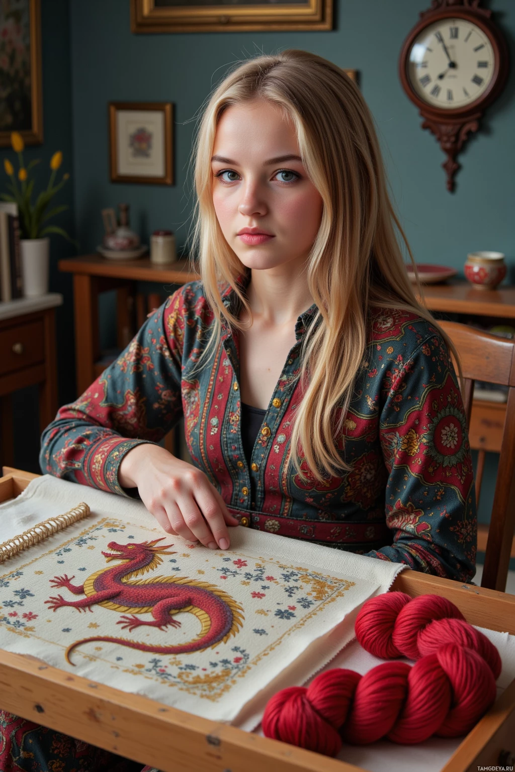A person sits at a table with a cross-stitch project featuring a red dragon design.