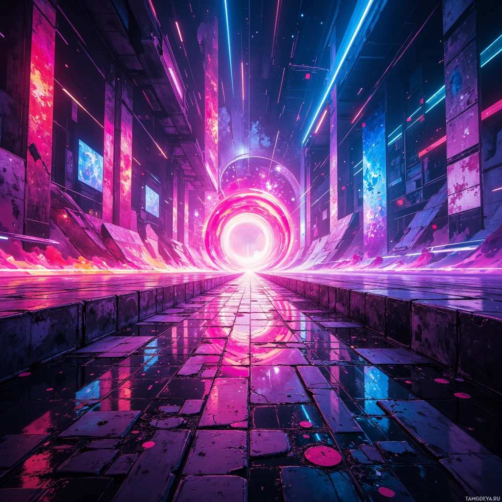 A futuristic corridor with glowing neon lights and a circular portal at the end.